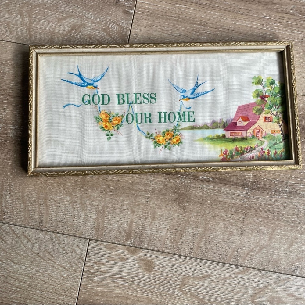 Vintage wall hanging God Bless Our Home cottage core kitsch